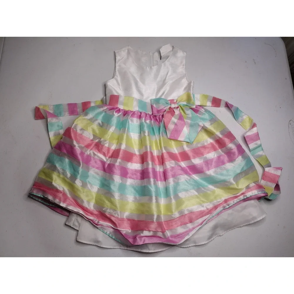 Rare Editions Girls‎ 4T White Striped Bow Party Dress Easter Spring